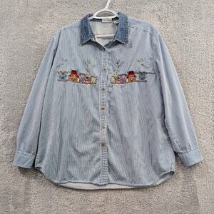 Bobbie Brooks XL Embroidered Denim Button Up Shirt Top Long Sleeve Floral Bees